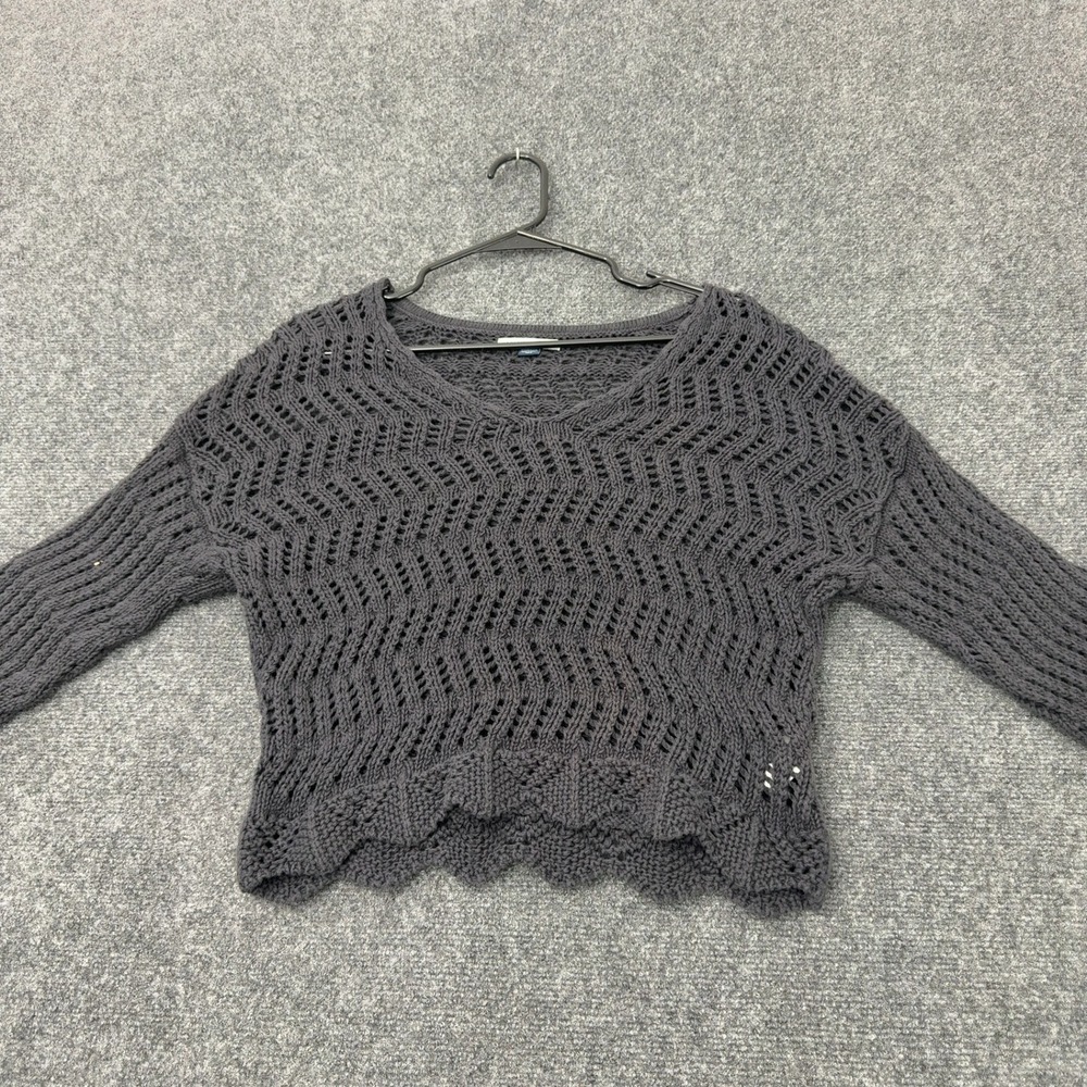 American Eagle Sweater Womens XS Grey Cotton Blend Crochet Scalloped Boho Casual